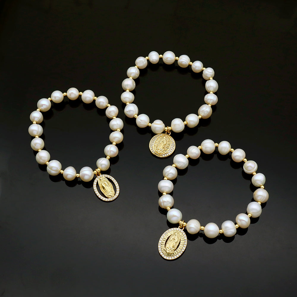 Handmade Customizable Fresh Water Pearl Bracelet With Brass Charm