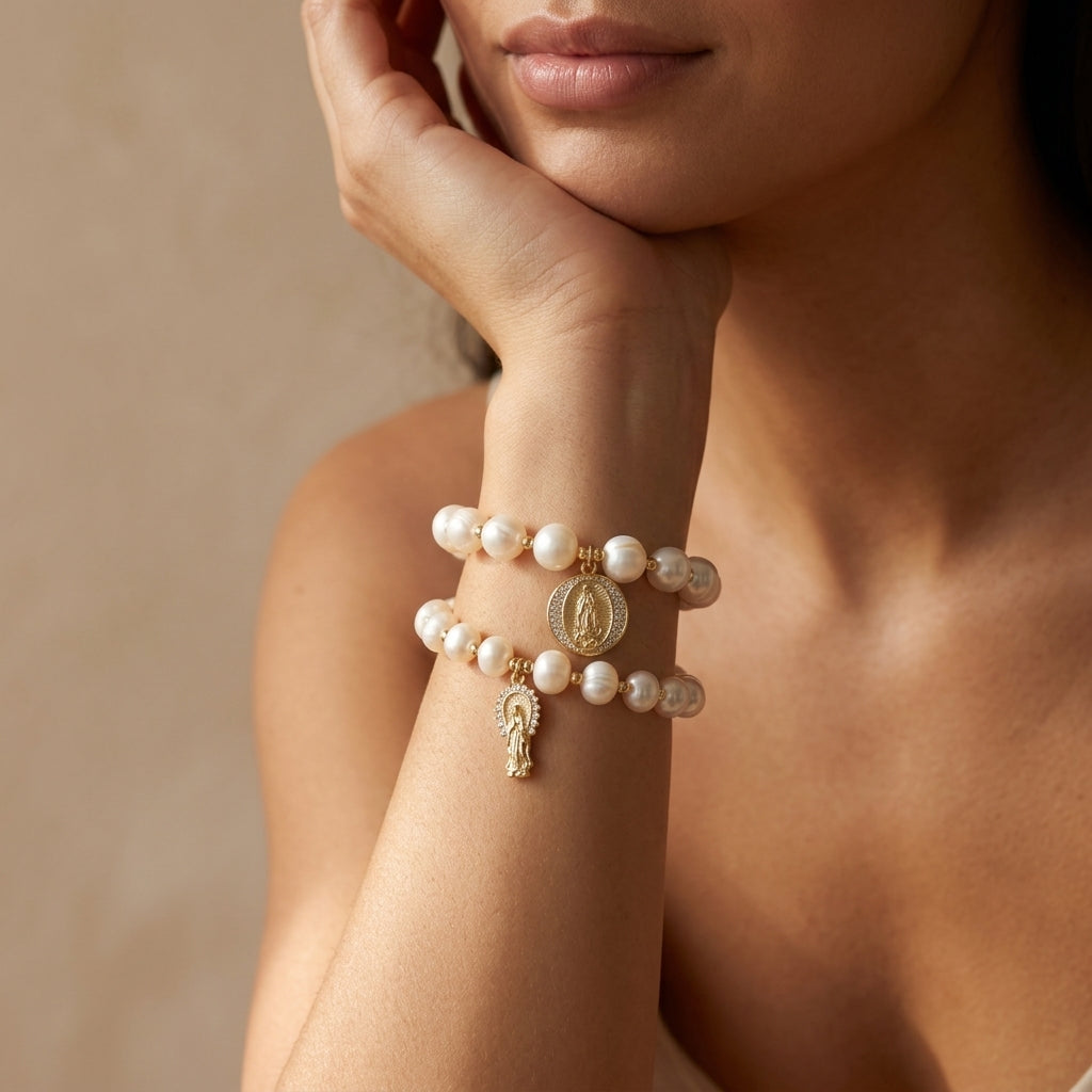 Handmade Customizable Fresh Water Pearl Bracelet With Brass Charm