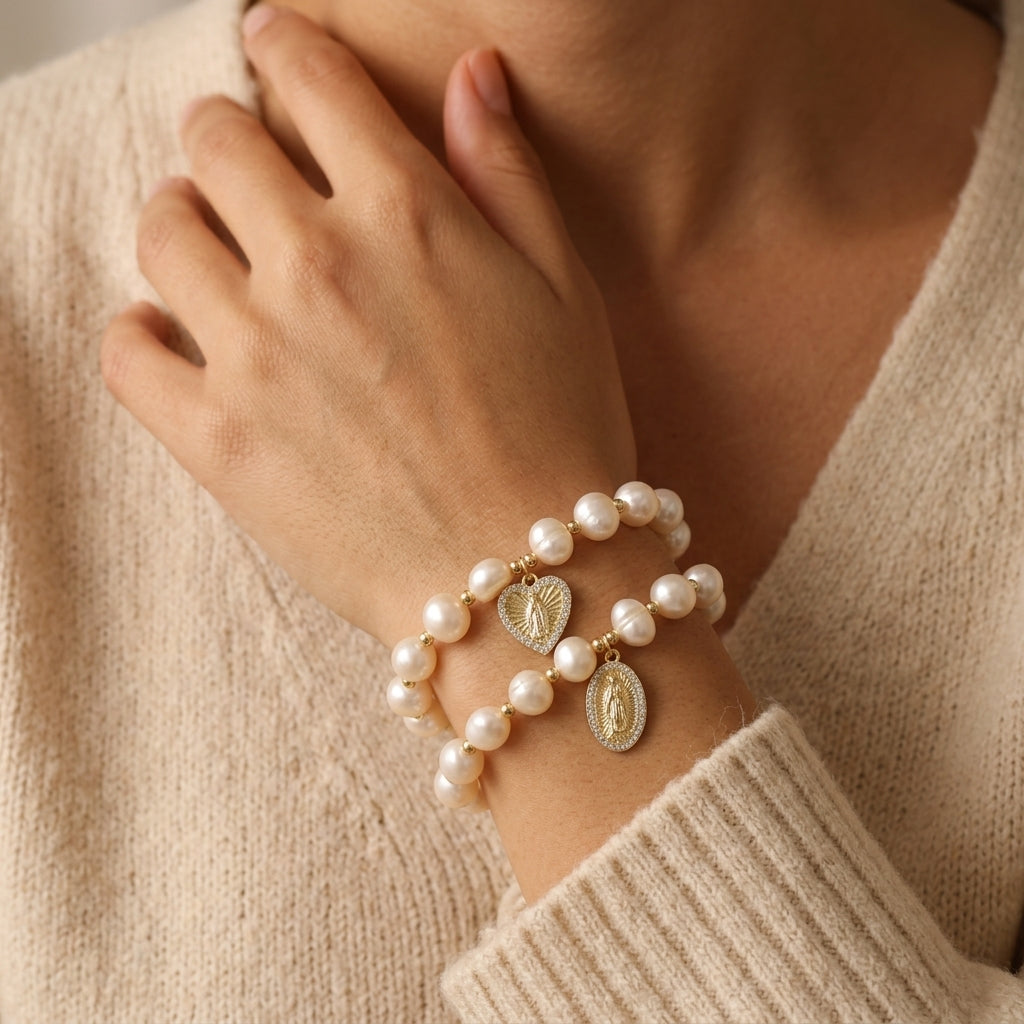 Handmade Customizable Fresh Water Pearl Bracelet With Brass Charm