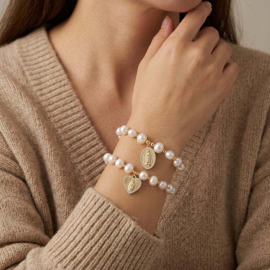 Handmade Customizable Fresh Water Pearl Bracelet With Brass Charm