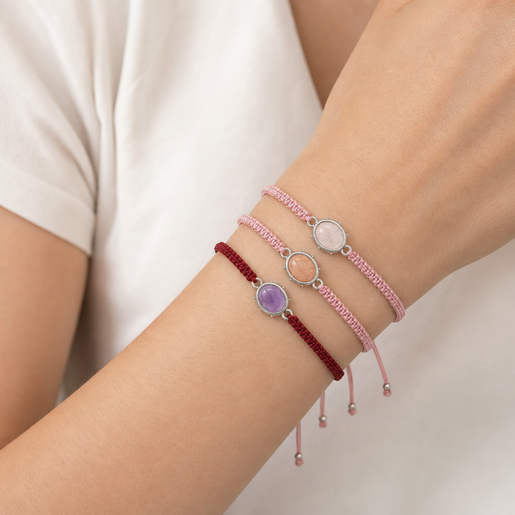 Handmade Customizable Natural Stone Charm Bracelet With Cotton Wire