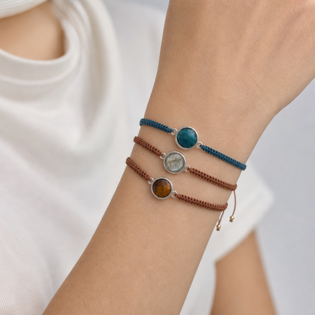 Handmade Customizable Natural Stone Charm Bracelet With Cotton Wire