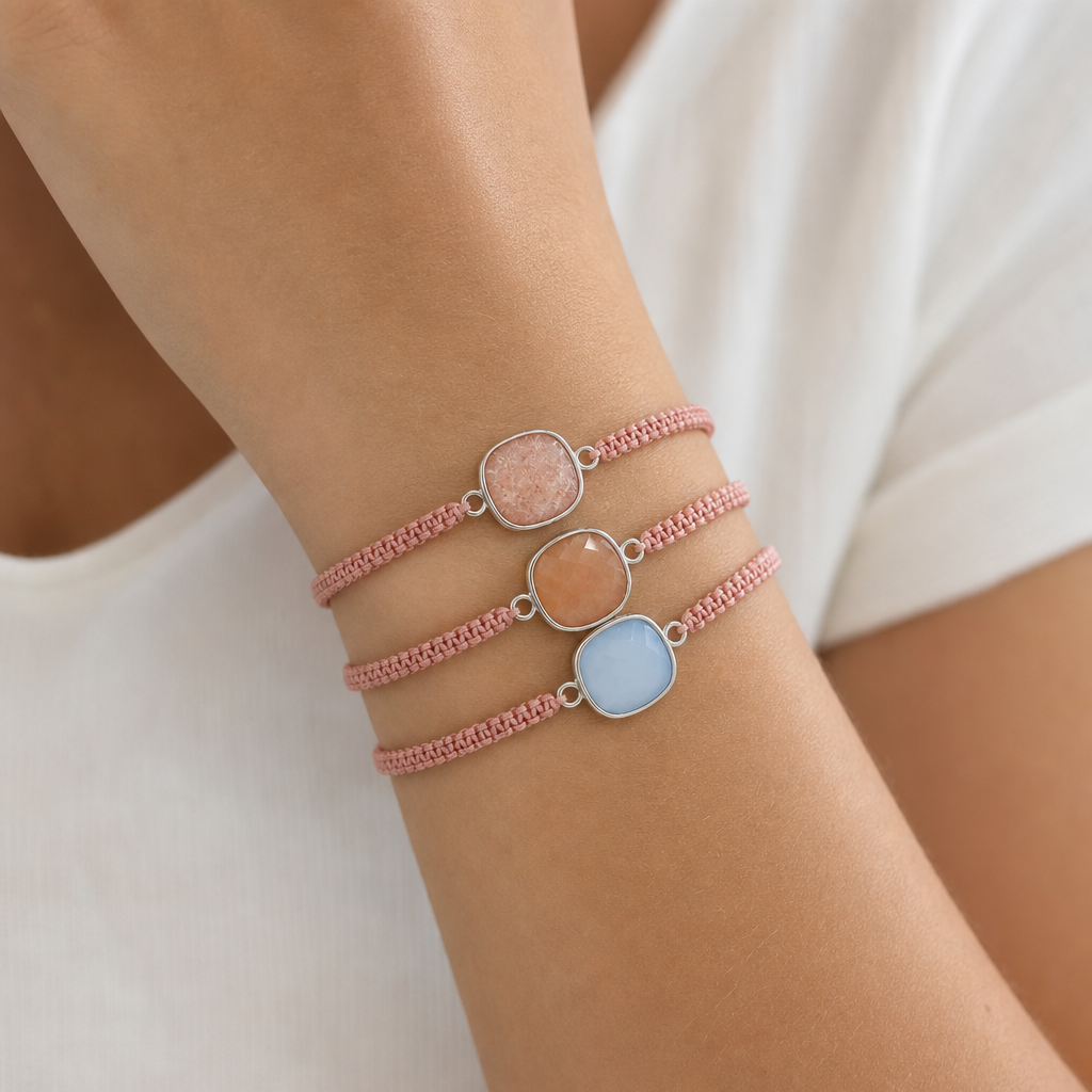 Handmade Customizable Natural Stone Charm Bracelet With Cotton Wire