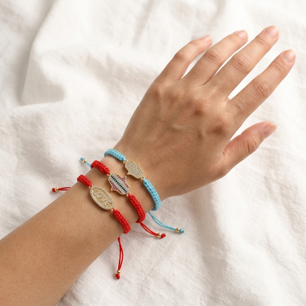 Handmade Customizable Brass Charm Bracelet With Cotton Wire