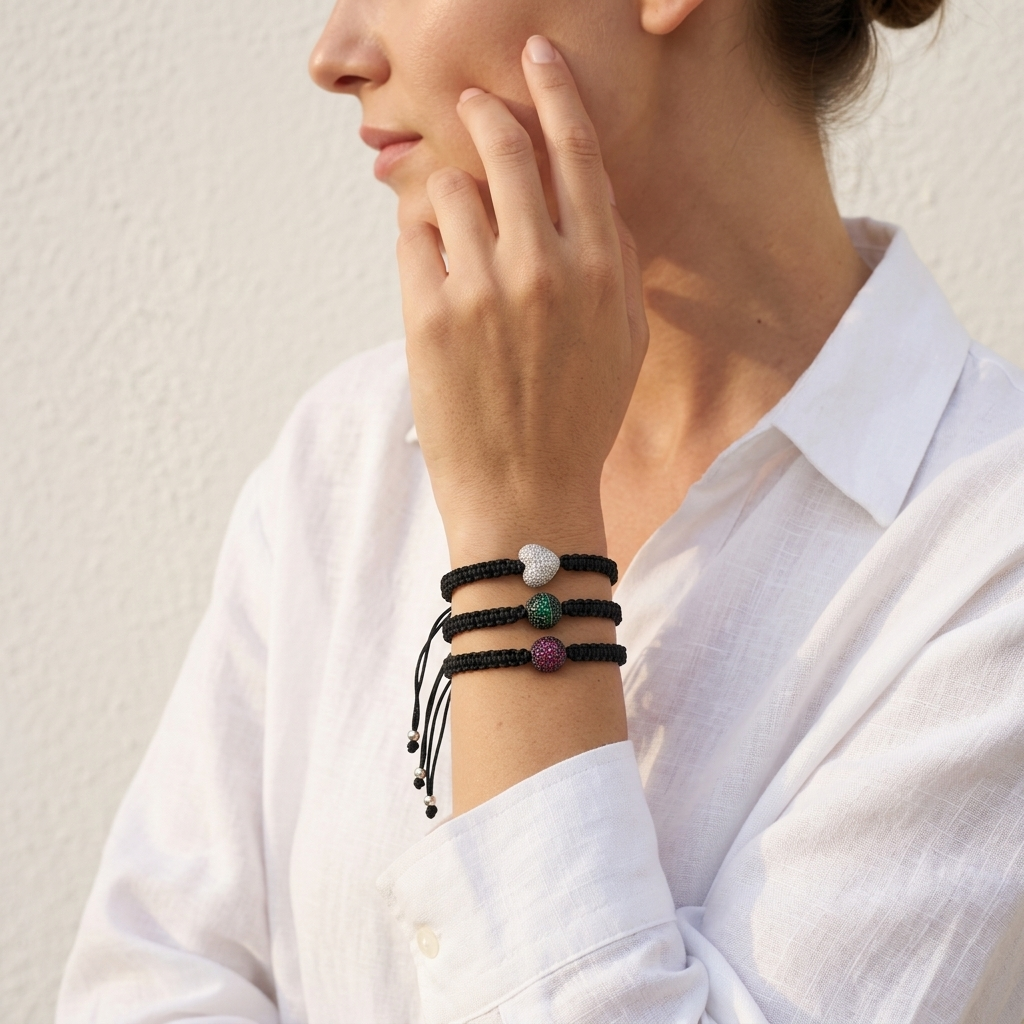 Handmade Customizable Brass Charm Bracelet With Cotton Wire