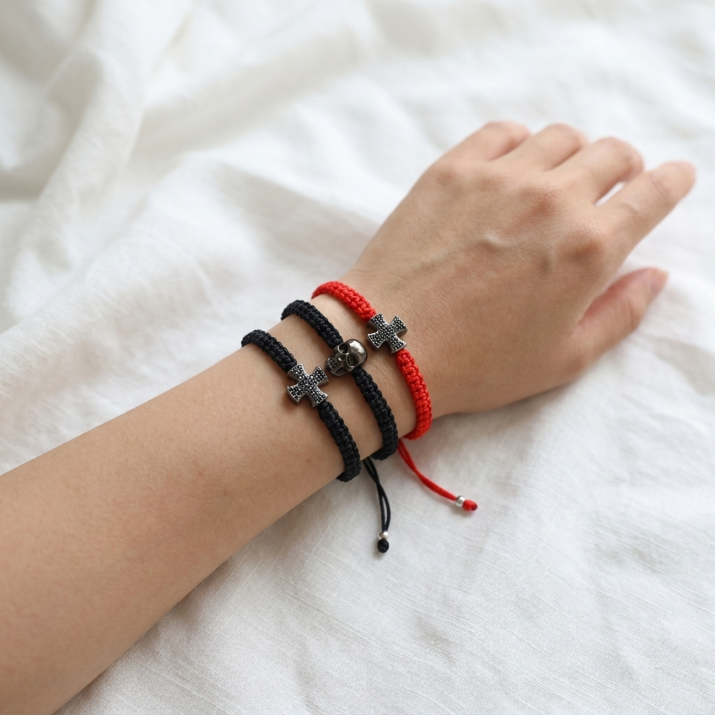 Handmade Customizable Brass Charm Bracelet With Cotton Wire
