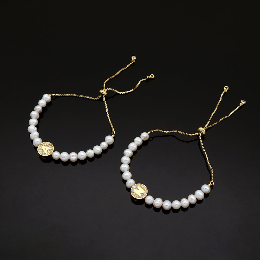 Handmade Customizable Fresh Water Pearl Bracelet With Brass Charm