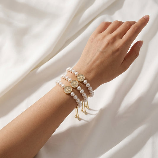 Handmade Customizable Fresh Water Pearl Bracelet With Brass Charm