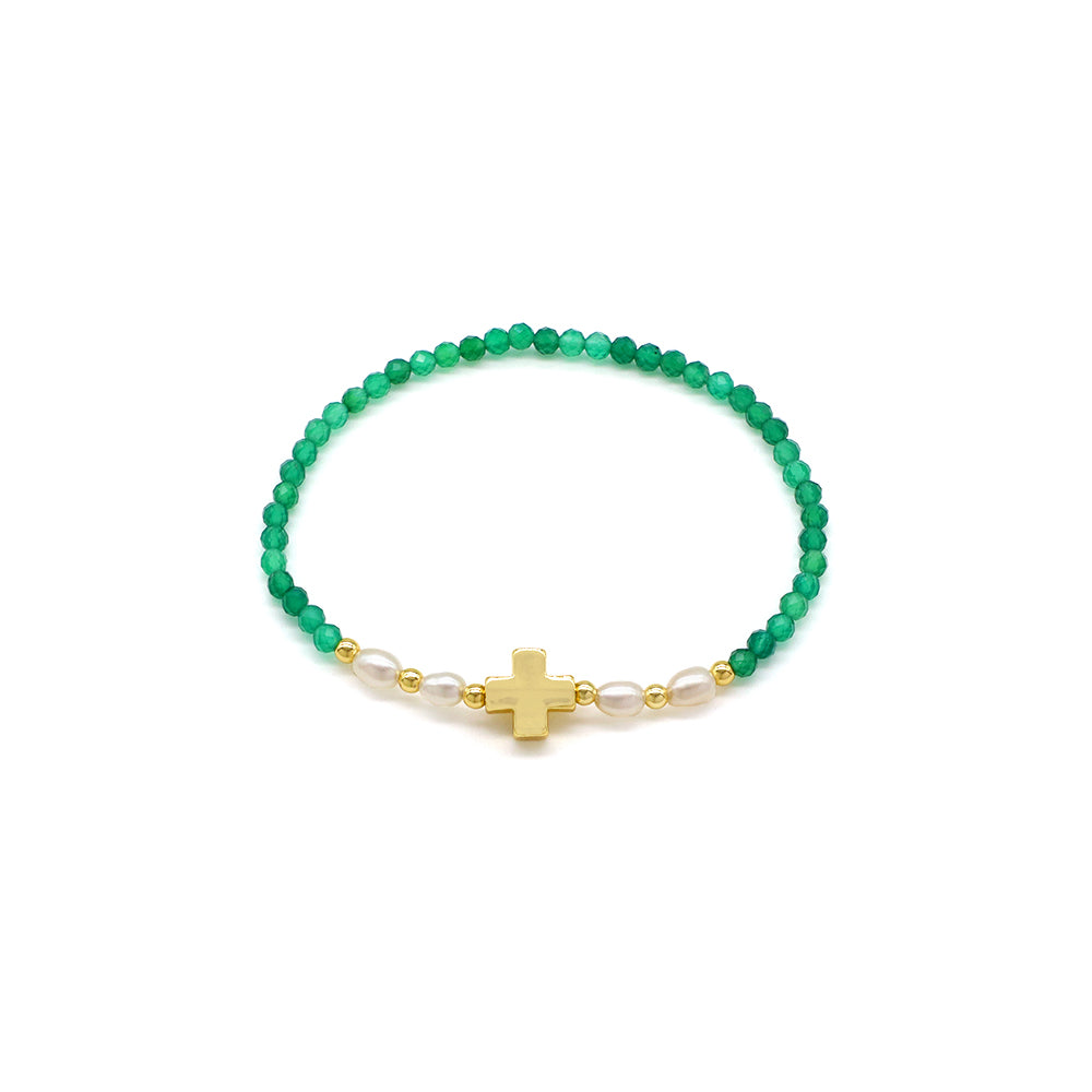 Handmade Tourmaline Blue Apatite Amazonite Beads Bracelet With Brass Cross Charm