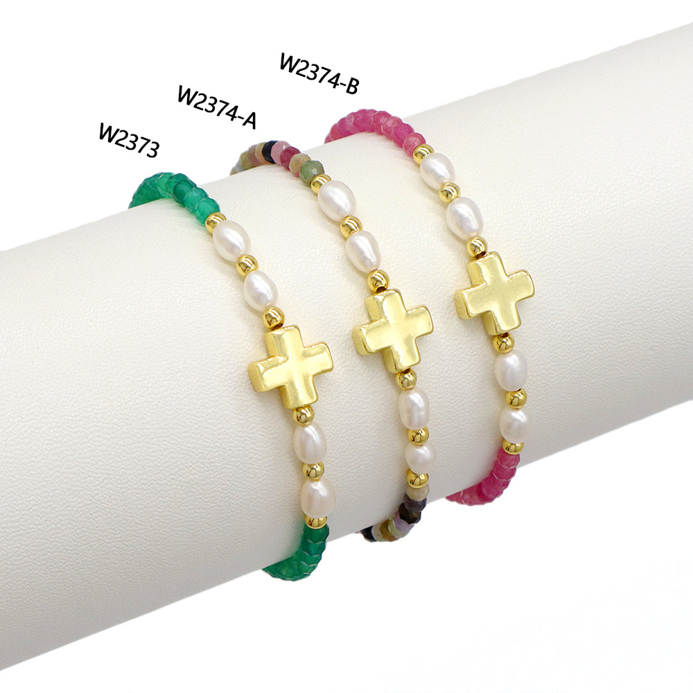 Handmade Tourmaline Blue Apatite Amazonite Beads Bracelet With Brass Cross Charm