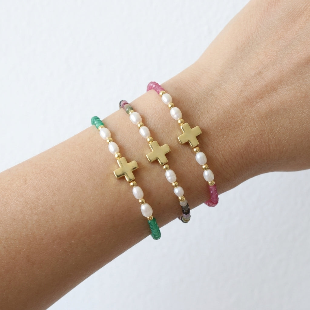 Handmade Tourmaline Blue Apatite Amazonite Beads Bracelet With Brass Cross Charm