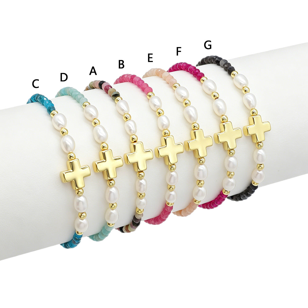 Handmade Tourmaline Blue Apatite Amazonite Beads Bracelet With Brass Cross Charm
