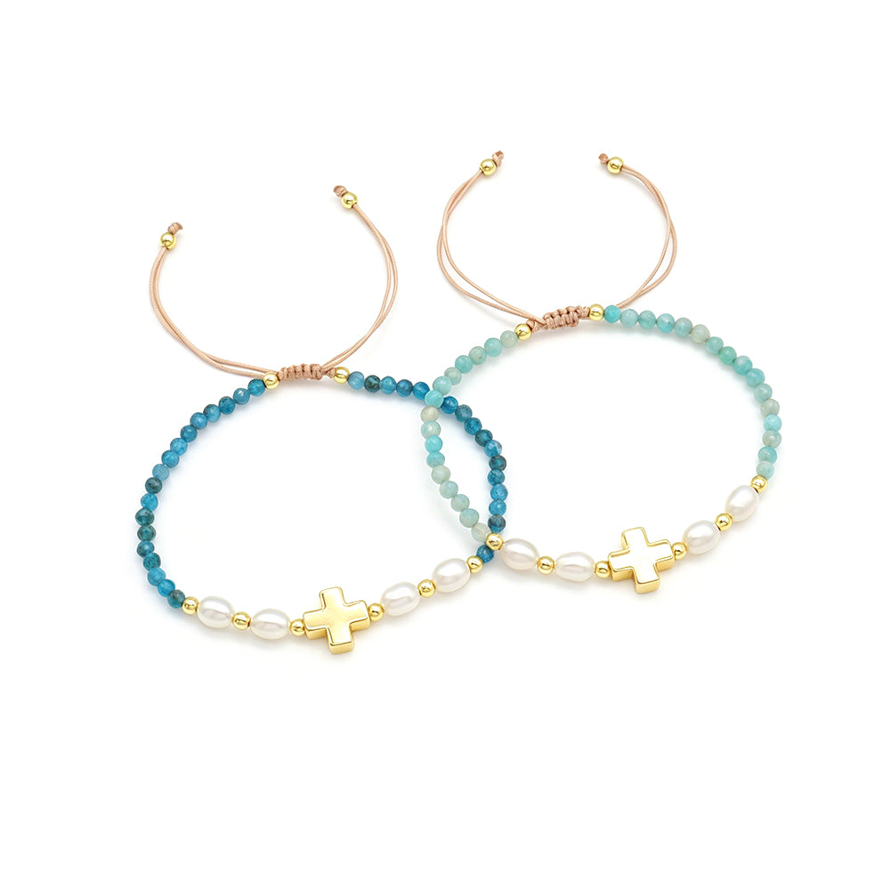 Handmade Tourmaline Blue Apatite Amazonite Beads Bracelet With Brass Cross Charm