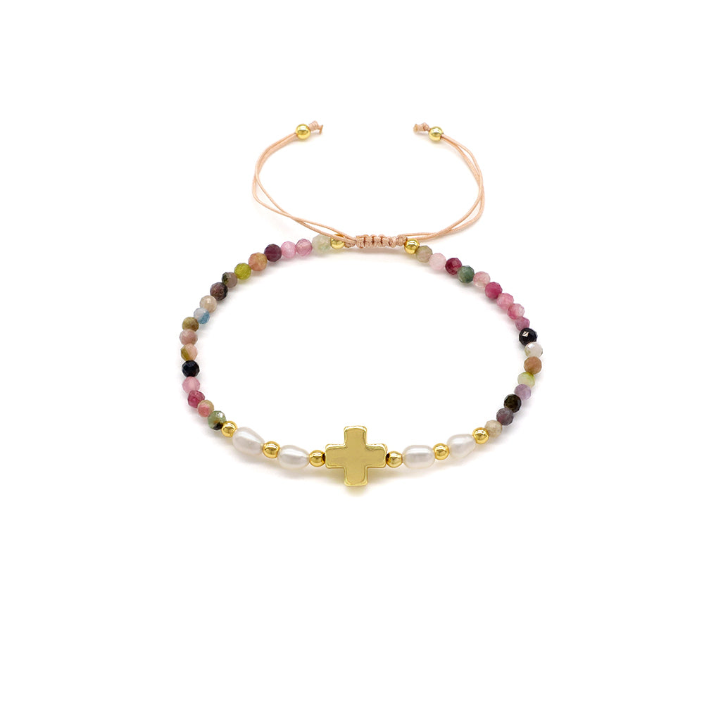 Handmade Tourmaline Blue Apatite Amazonite Beads Bracelet With Brass Cross Charm
