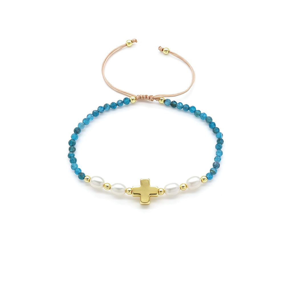 Handmade Tourmaline Blue Apatite Amazonite Beads Bracelet With Brass Cross Charm