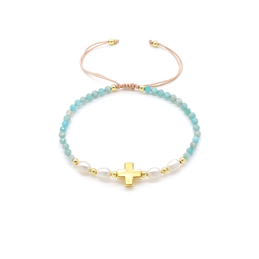 Handmade Tourmaline Blue Apatite Amazonite Beads Bracelet With Brass Cross Charm