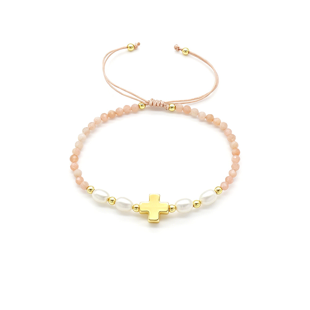 Handmade Tourmaline Blue Apatite Amazonite Beads Bracelet With Brass Cross Charm