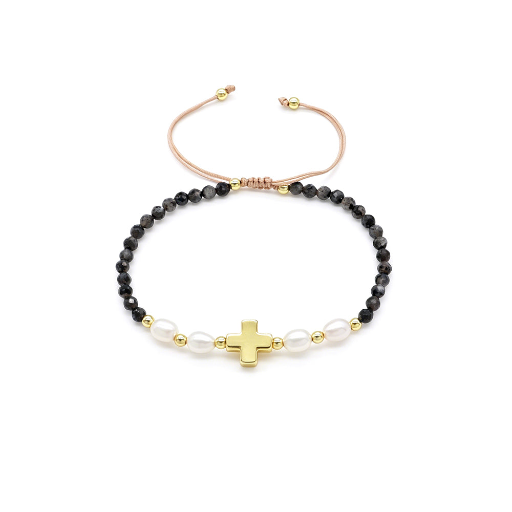 Handmade Tourmaline Blue Apatite Amazonite Beads Bracelet With Brass Cross Charm