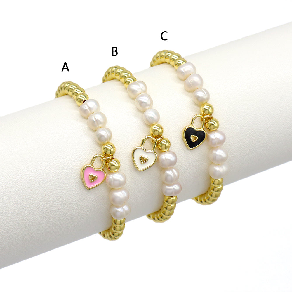 Handmade Customizable Brass Beads Bracelet With Enamel Charm Fresh Water Pearl