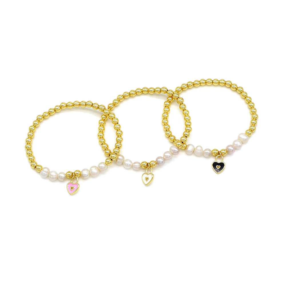 Handmade Customizable Brass Beads Bracelet With Enamel Charm Fresh Water Pearl
