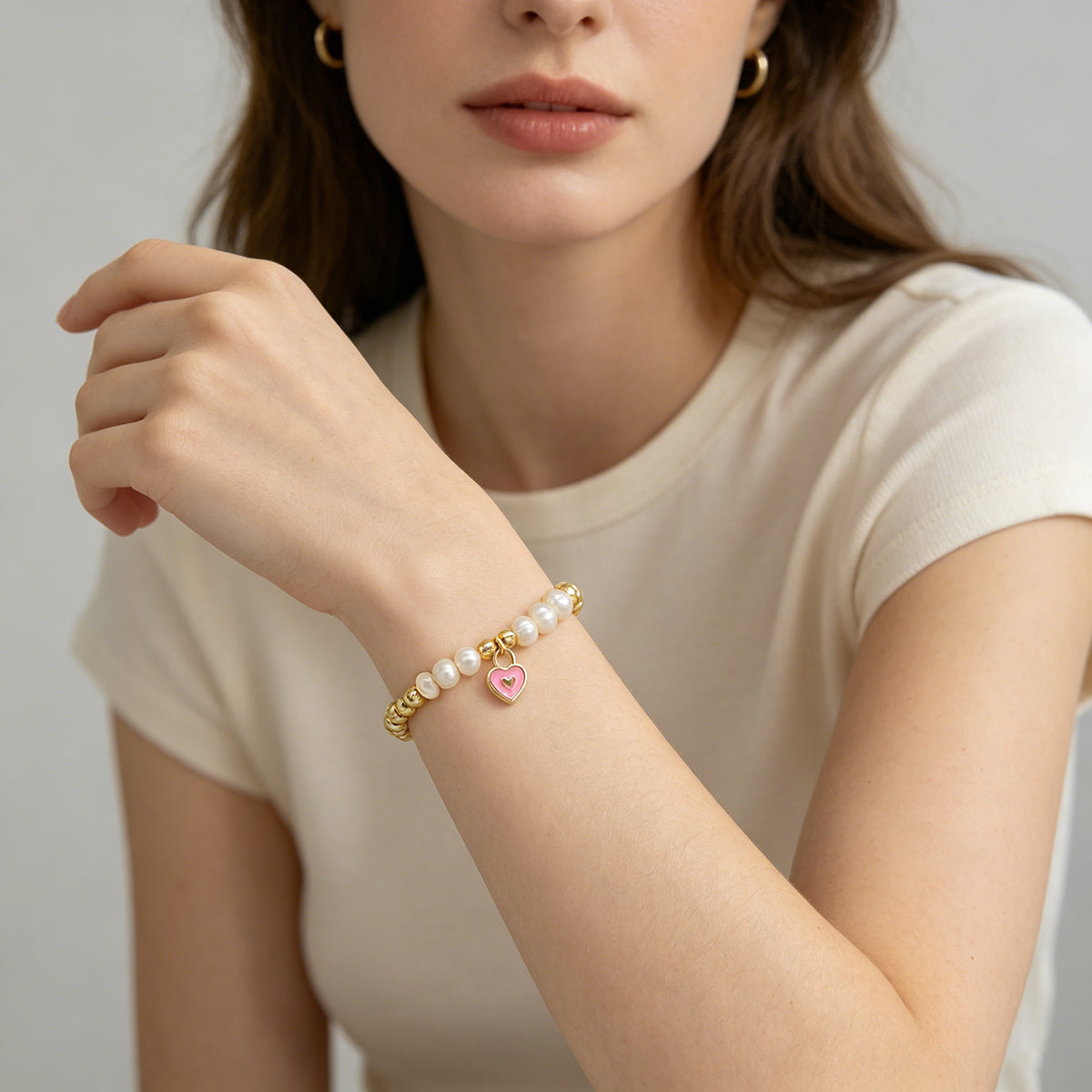 Handmade Customizable Brass Beads Bracelet With Enamel Charm Fresh Water Pearl