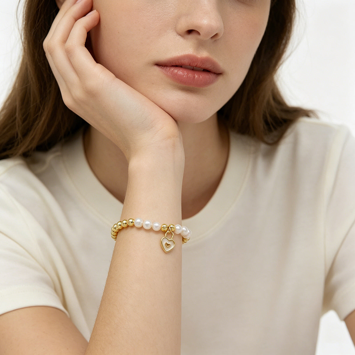 Handmade Customizable Brass Beads Bracelet With Enamel Charm Fresh Water Pearl