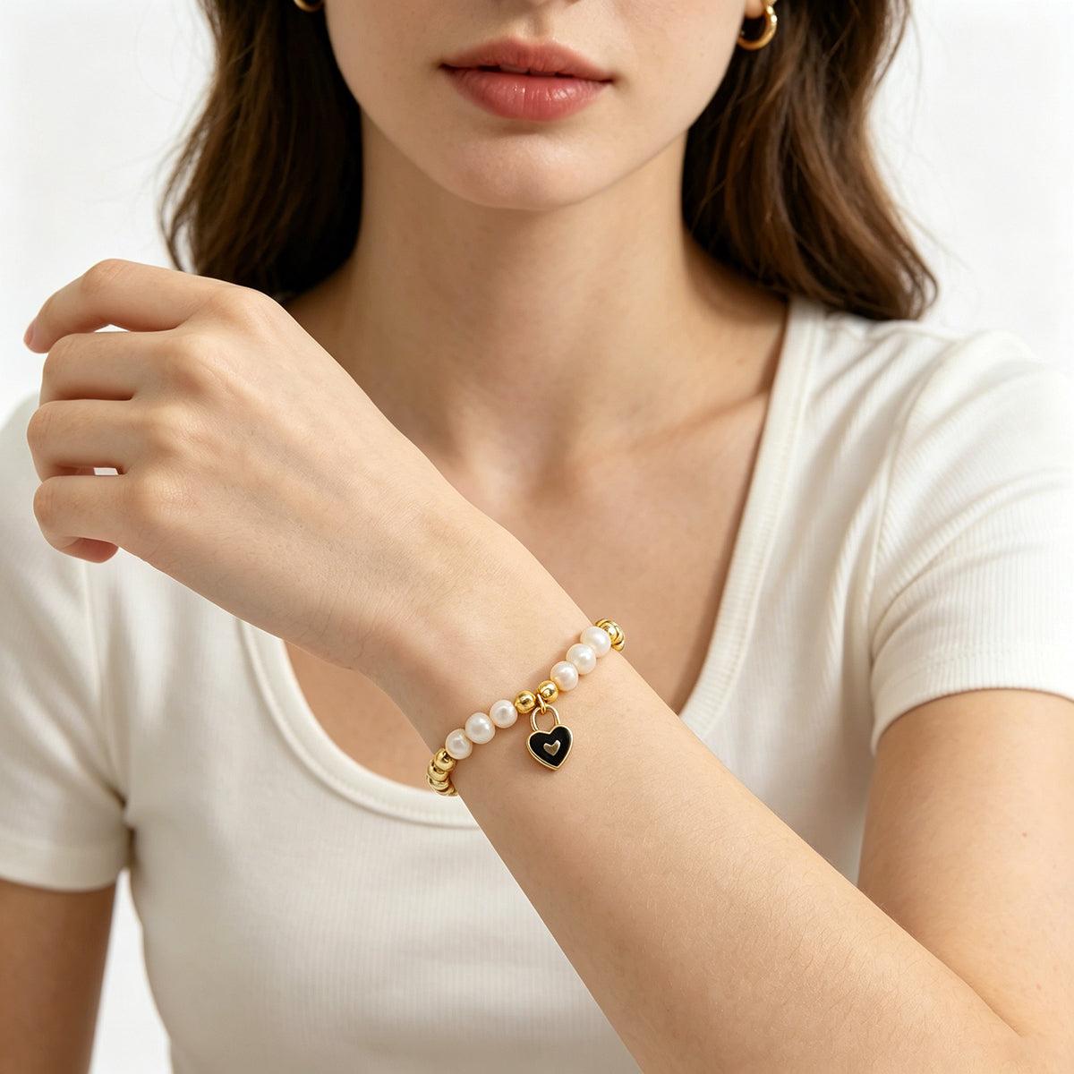 Handmade Customizable Brass Beads Bracelet With Enamel Charm Fresh Water Pearl