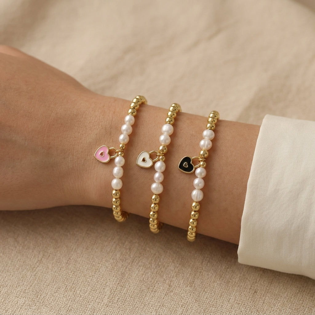 Handmade Customizable Brass Beads Bracelet With Enamel Charm Fresh Water Pearl
