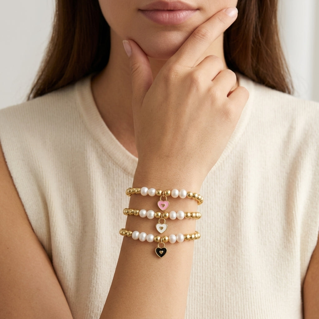 Handmade Customizable Brass Beads Bracelet With Enamel Charm Fresh Water Pearl