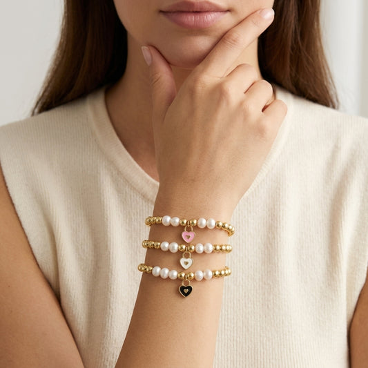 Handmade Customizable Brass Beads Bracelet With Enamel Charm Fresh Water Pearl