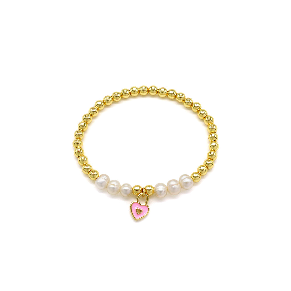 Handmade Customizable Brass Beads Bracelet With Enamel Charm Fresh Water Pearl