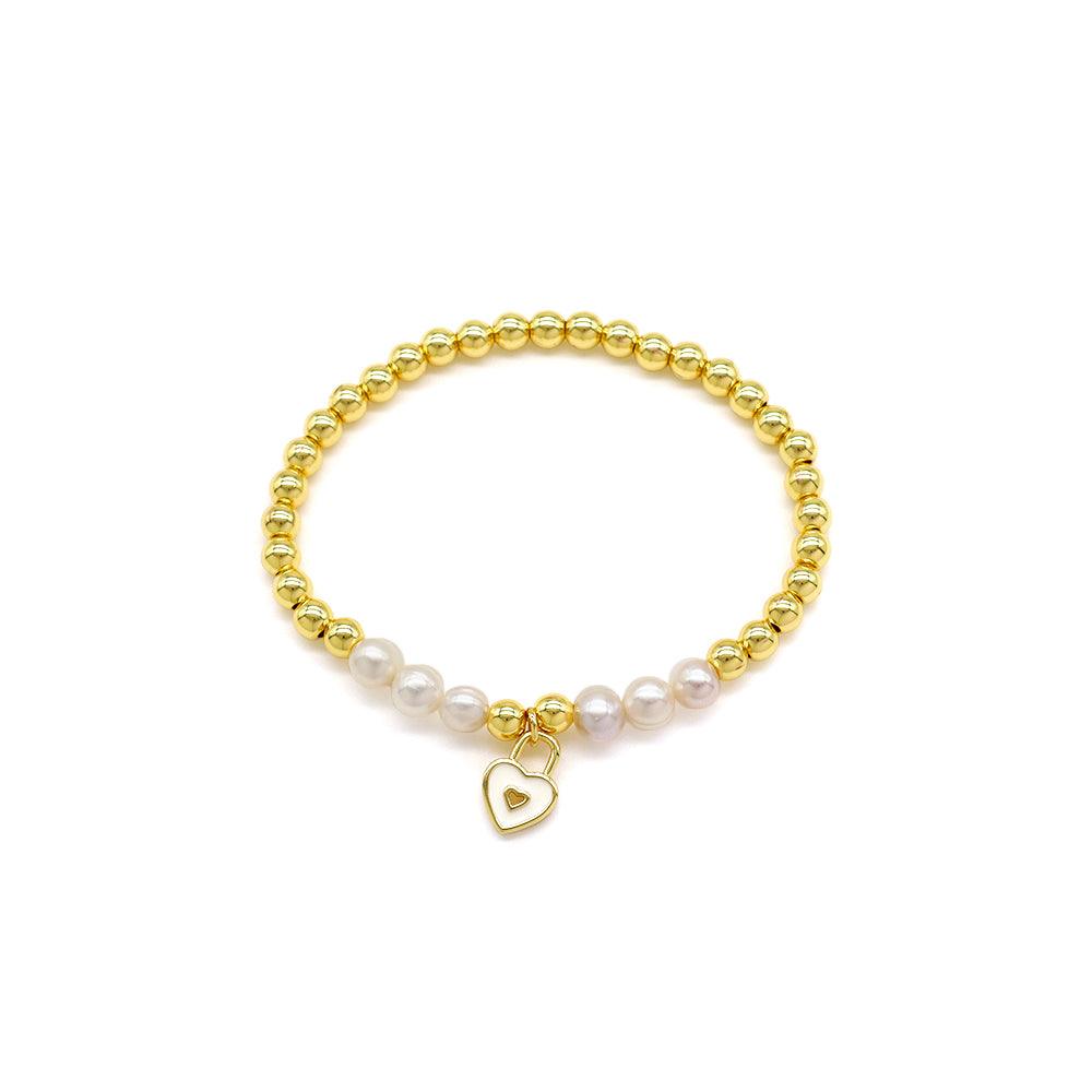 Handmade Customizable Brass Beads Bracelet With Enamel Charm Fresh Water Pearl