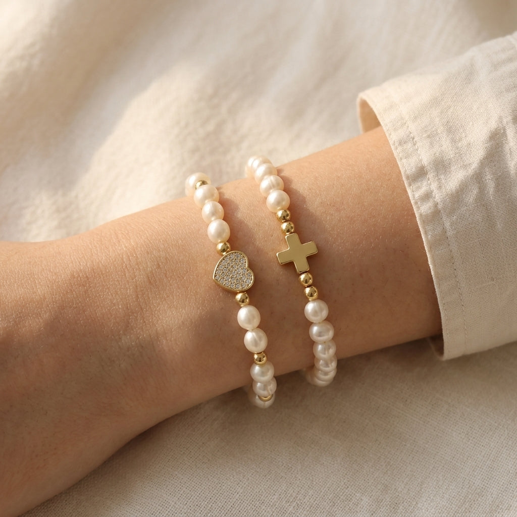 Handmade Customizable Fresh Water Pearl Bracelet With Brass Charm