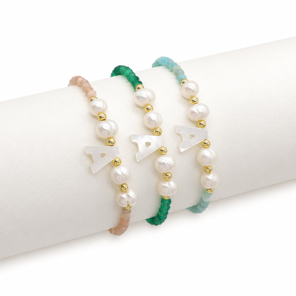 Handmade Customizable Natural Stone Beads Bracelet With Fresh Water Pearl Shell Charm
