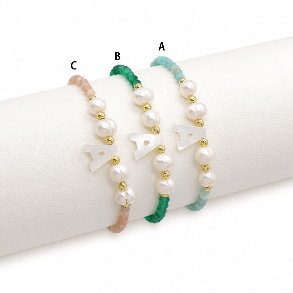 Handmade Customizable Natural Stone Beads Bracelet With Fresh Water Pearl Shell Charm