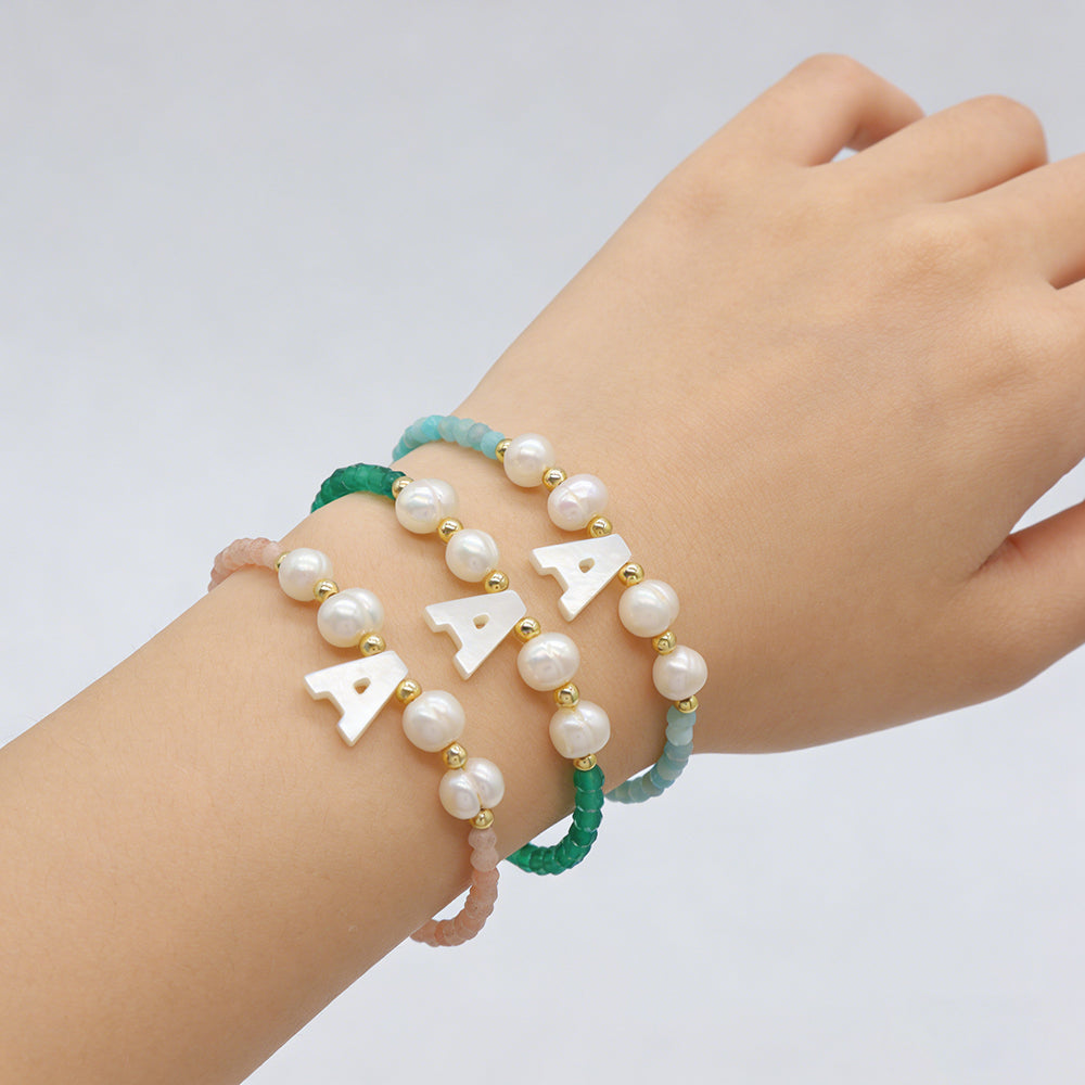 Handmade Customizable Natural Stone Beads Bracelet With Fresh Water Pearl Shell Charm