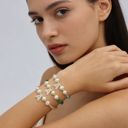 Handmade Customizable Natural Stone Beads Bracelet With Fresh Water Pearl Shell Charm