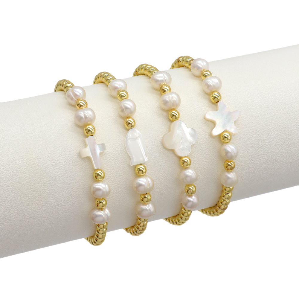 Handmade Customizable Brass Bracelet With Shell Charm Fresh Water Pearl