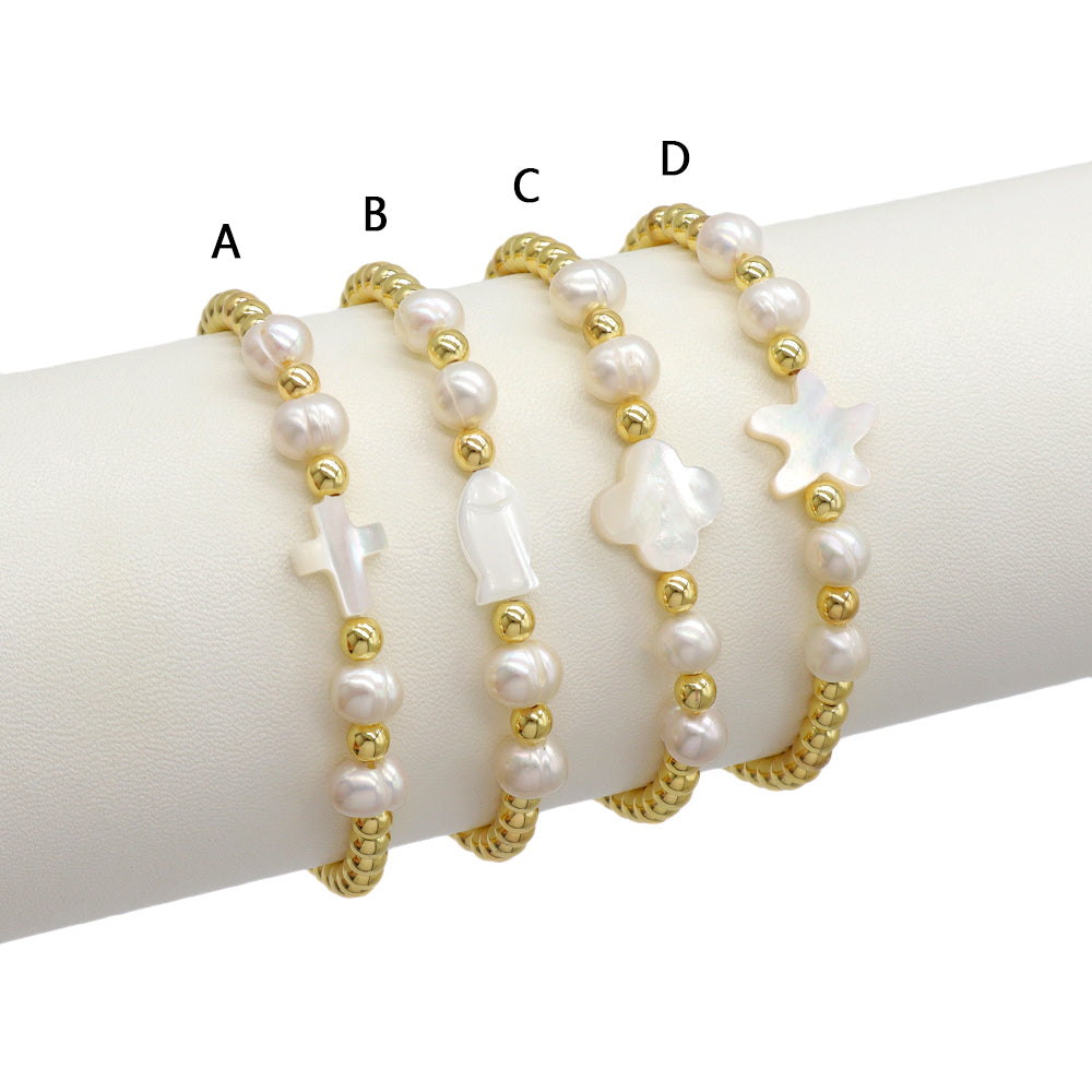Handmade Customizable Brass Bracelet With Shell Charm Fresh Water Pearl