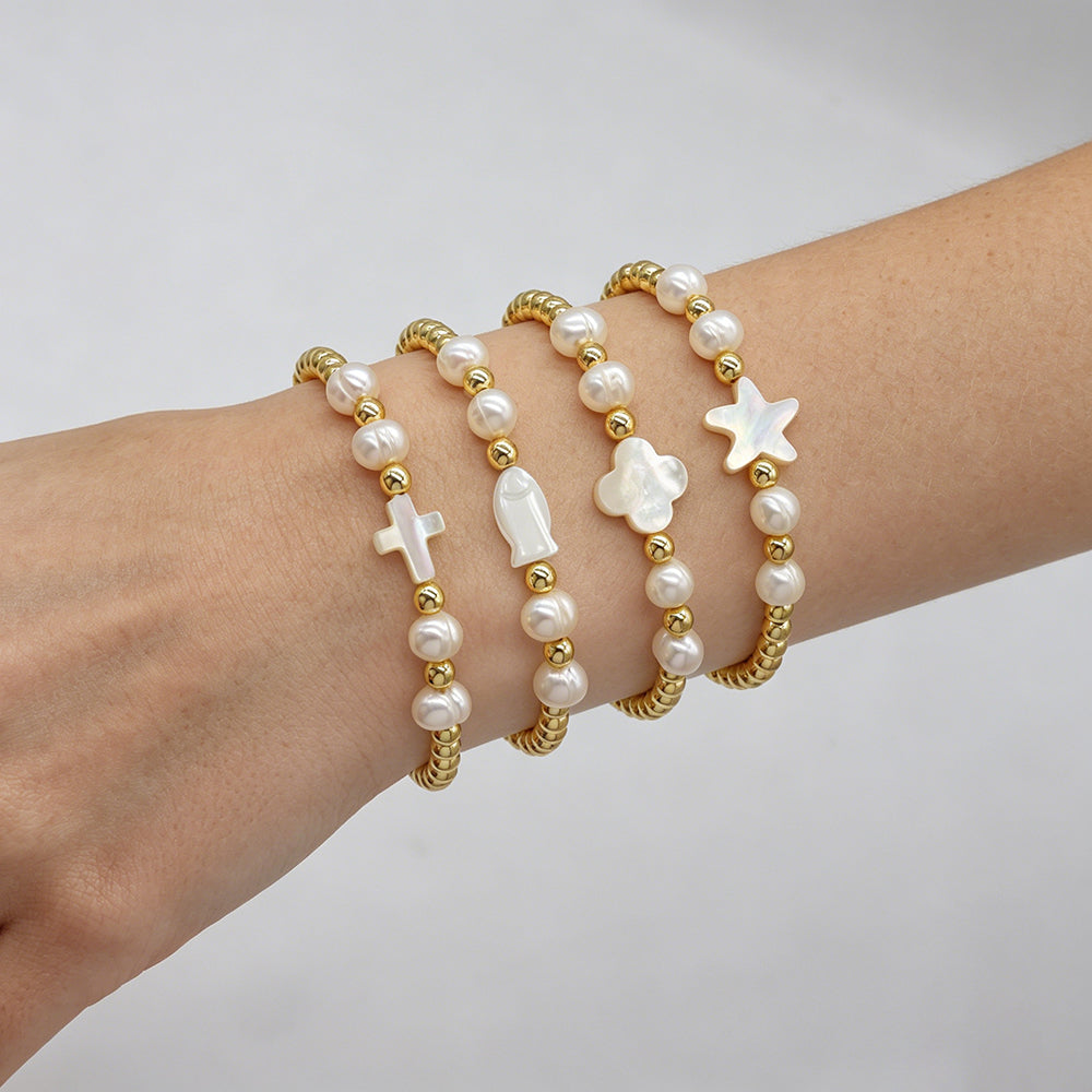 Handmade Customizable Brass Bracelet With Shell Charm Fresh Water Pearl