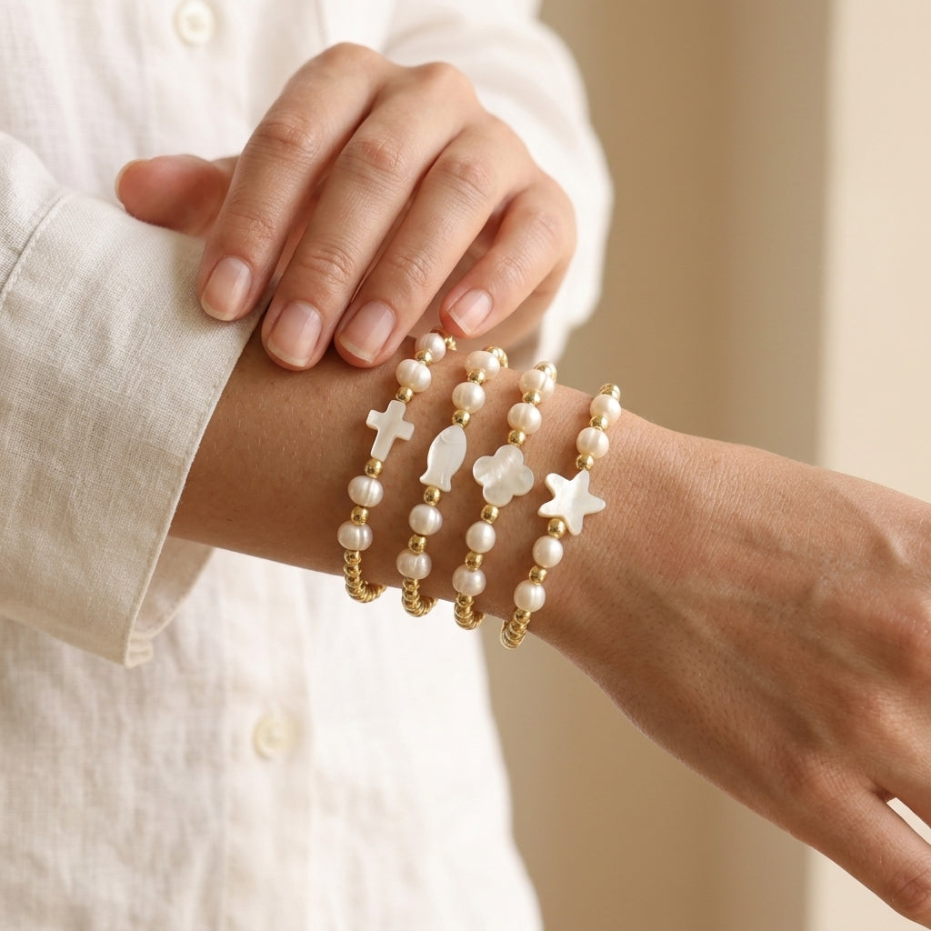 Handmade Customizable Brass Bracelet With Shell Charm Fresh Water Pearl