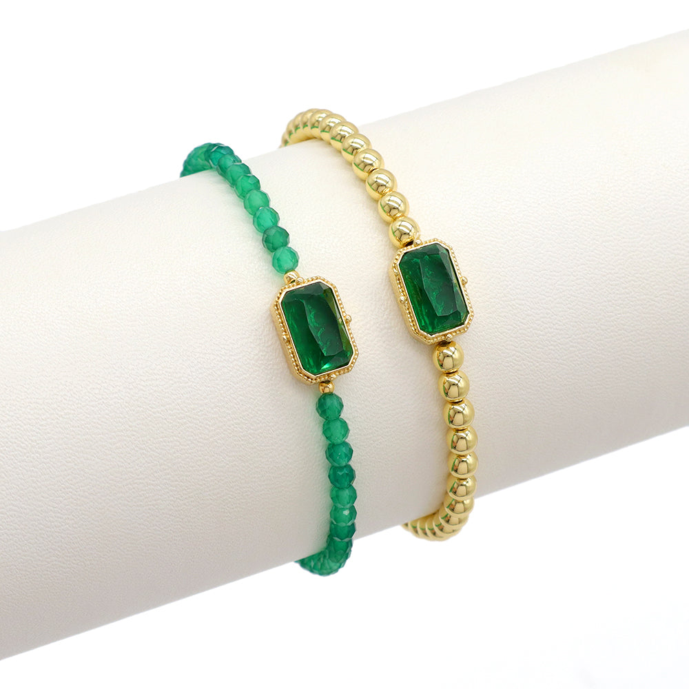 Handmade Customizable Natural Stone or Brass Beads Bracelet With Glass Crystal Charm