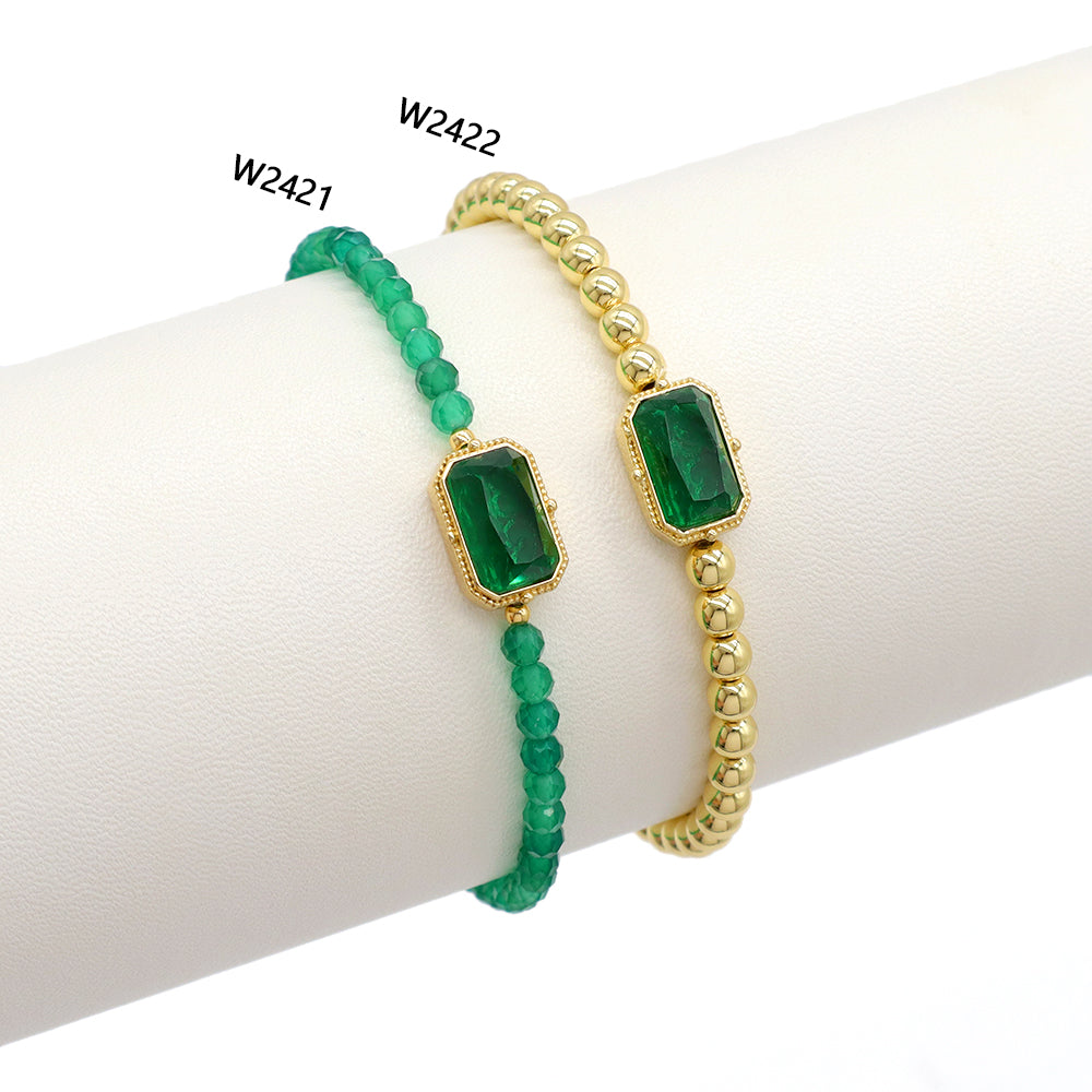 Handmade Customizable Natural Stone or Brass Beads Bracelet With Glass Crystal Charm