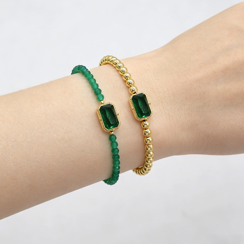 Handmade Customizable Natural Stone or Brass Beads Bracelet With Glass Crystal Charm