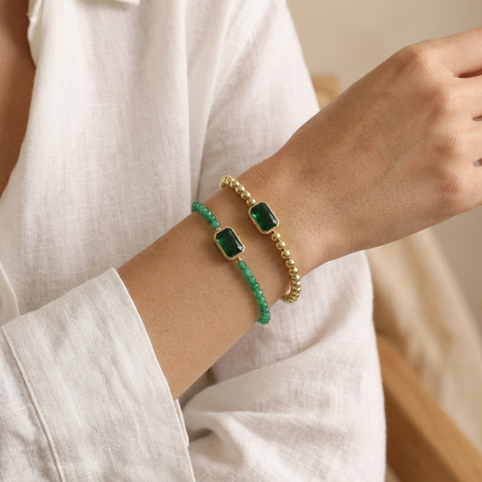 Handmade Customizable Natural Stone or Brass Beads Bracelet With Glass Crystal Charm