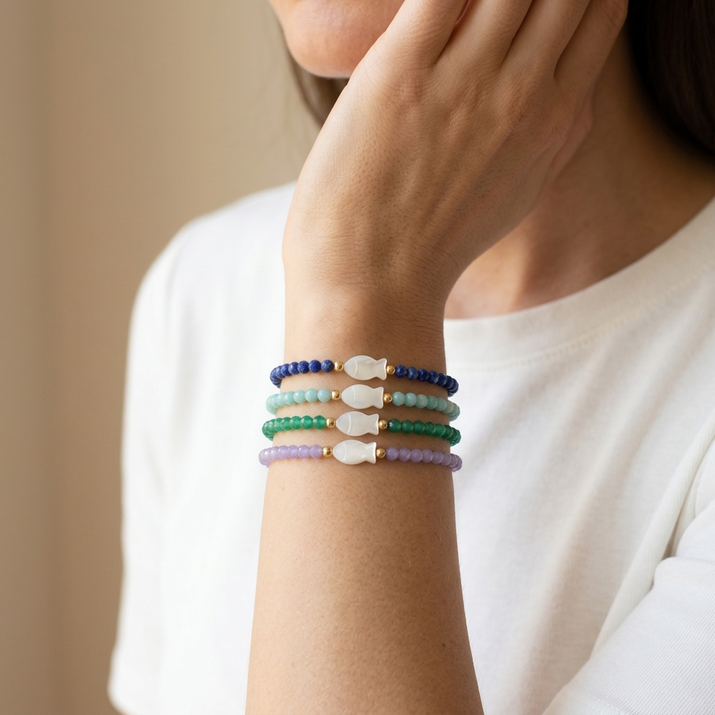 Handmade Customizable Natural Stone Beads Bracelet With Shell Fish Charm