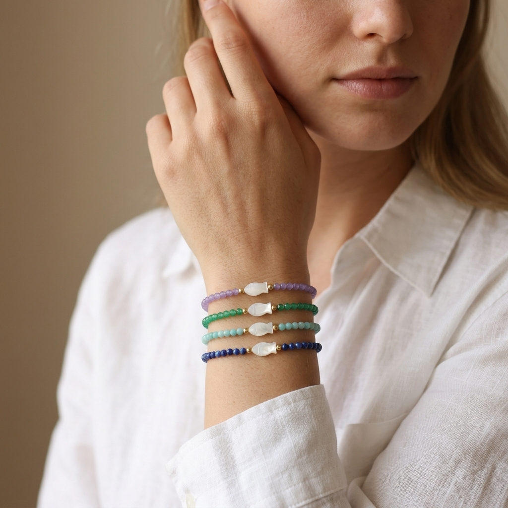 Handmade Customizable Natural Stone Beads Bracelet With Shell Fish Charm