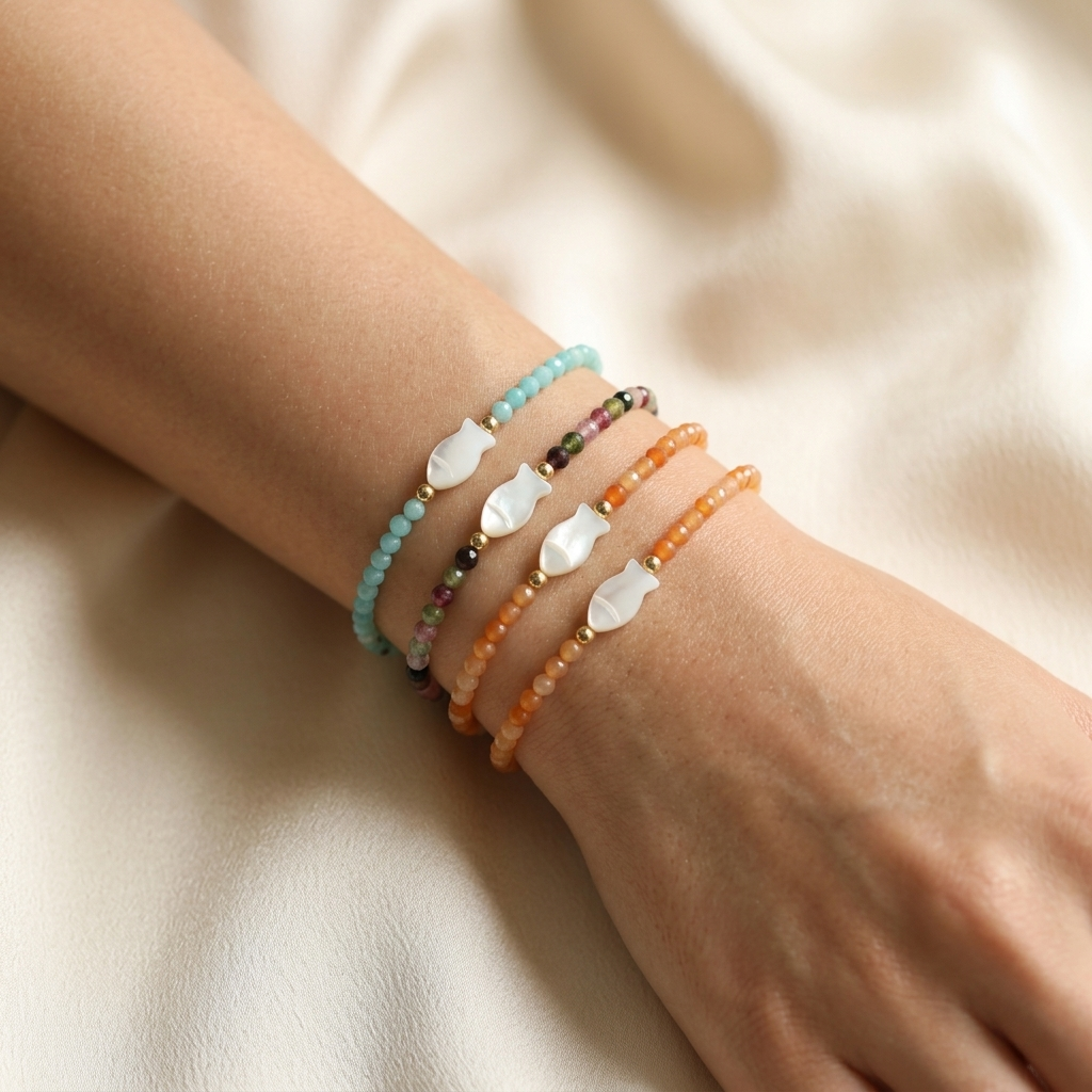 Handmade Customizable Natural Stone Beads Bracelet With Shell Fish Charm