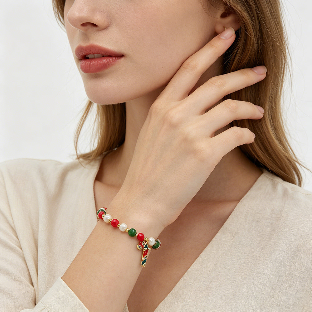Handmade Customizable Natural Stone Beads Bracelet With Enamel Pendant