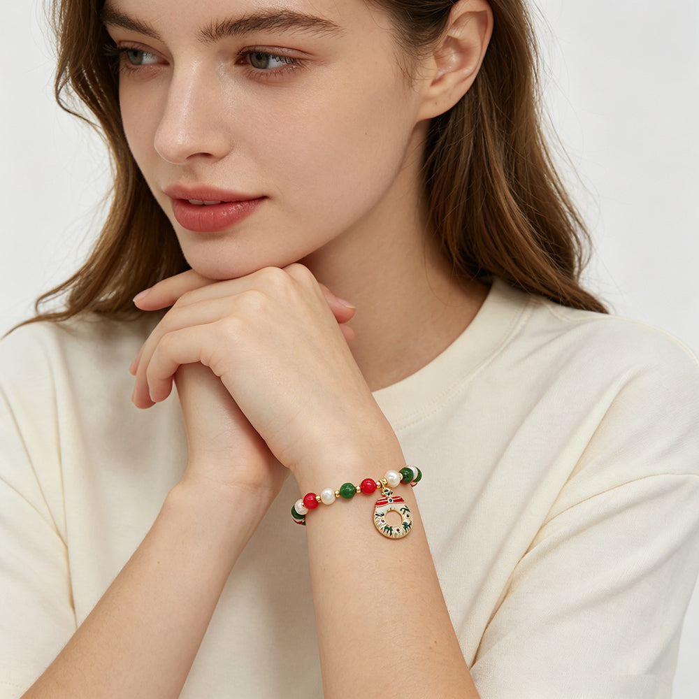 Handmade Customizable Natural Stone Beads Bracelet With Enamel Pendant